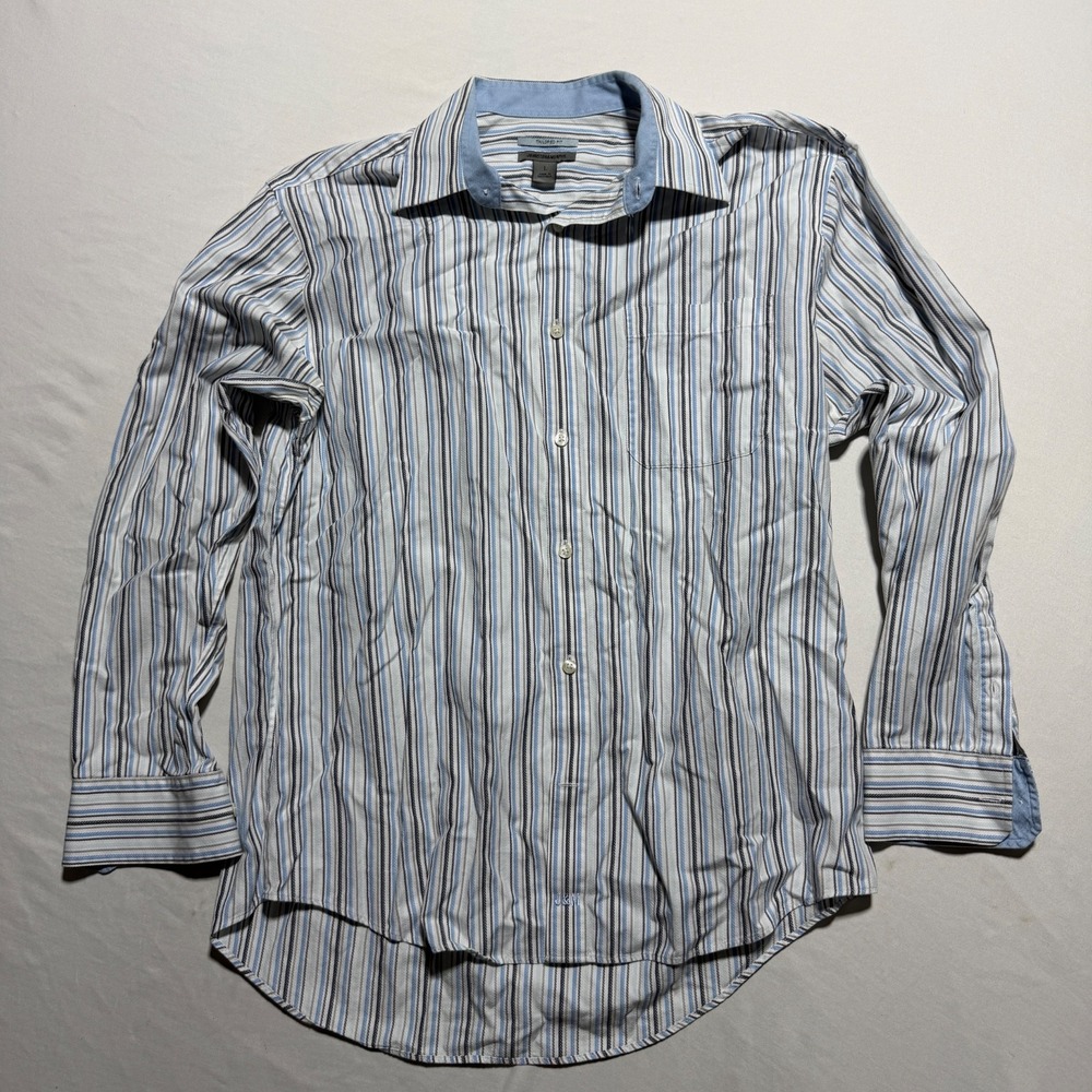 Johnston Murphy Tailored Fit Dress Shirt Mens L Blue Striped 100% Cotton